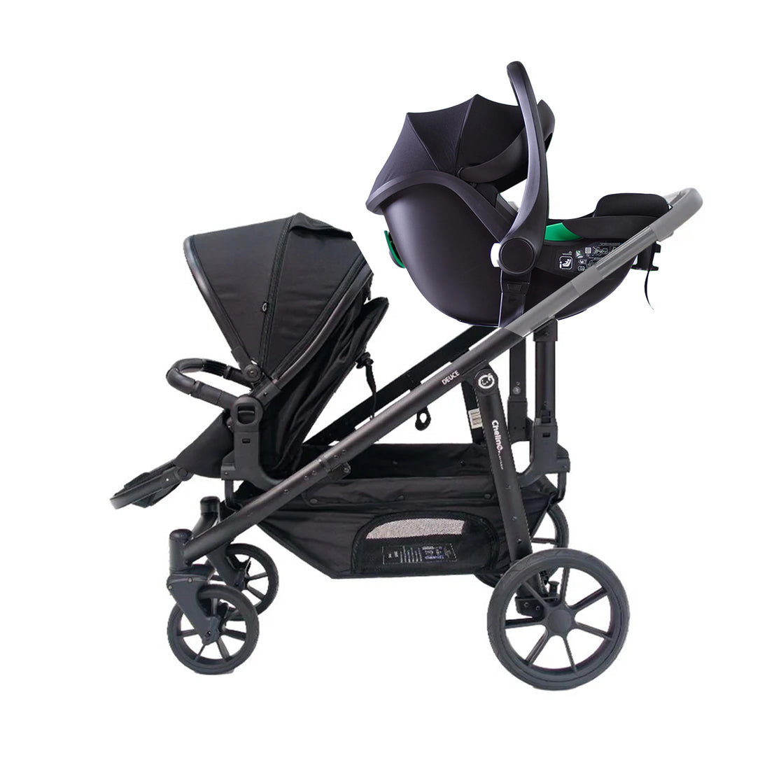 Deuce Twin Travel System with Aton B2 i-Size car seat and stroller.