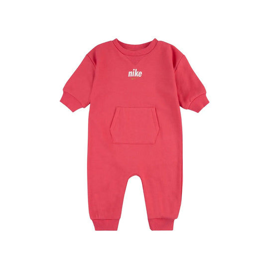 Nike E1D1 Crew Coverall in Aster Pink with ribbed cuffs and kangaroo pocket.