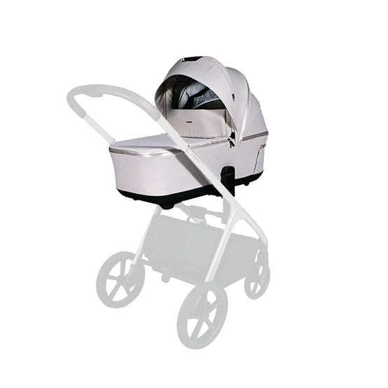 Beige Lunar II carry cot with canopy and mesh window, UPF50+ fabric, on stroller.