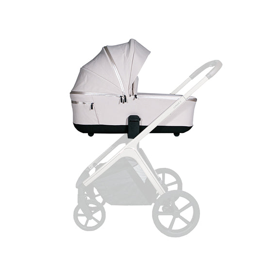 Beige Lunar II carry cot with canopy and mesh window, featuring a soft mattress and UPF50+ protection.