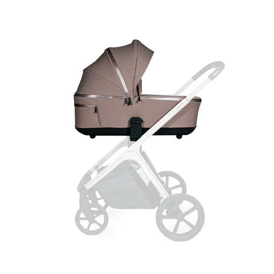 Lunar II Carry Cot Mocha with canopy and mesh window on stroller frame.