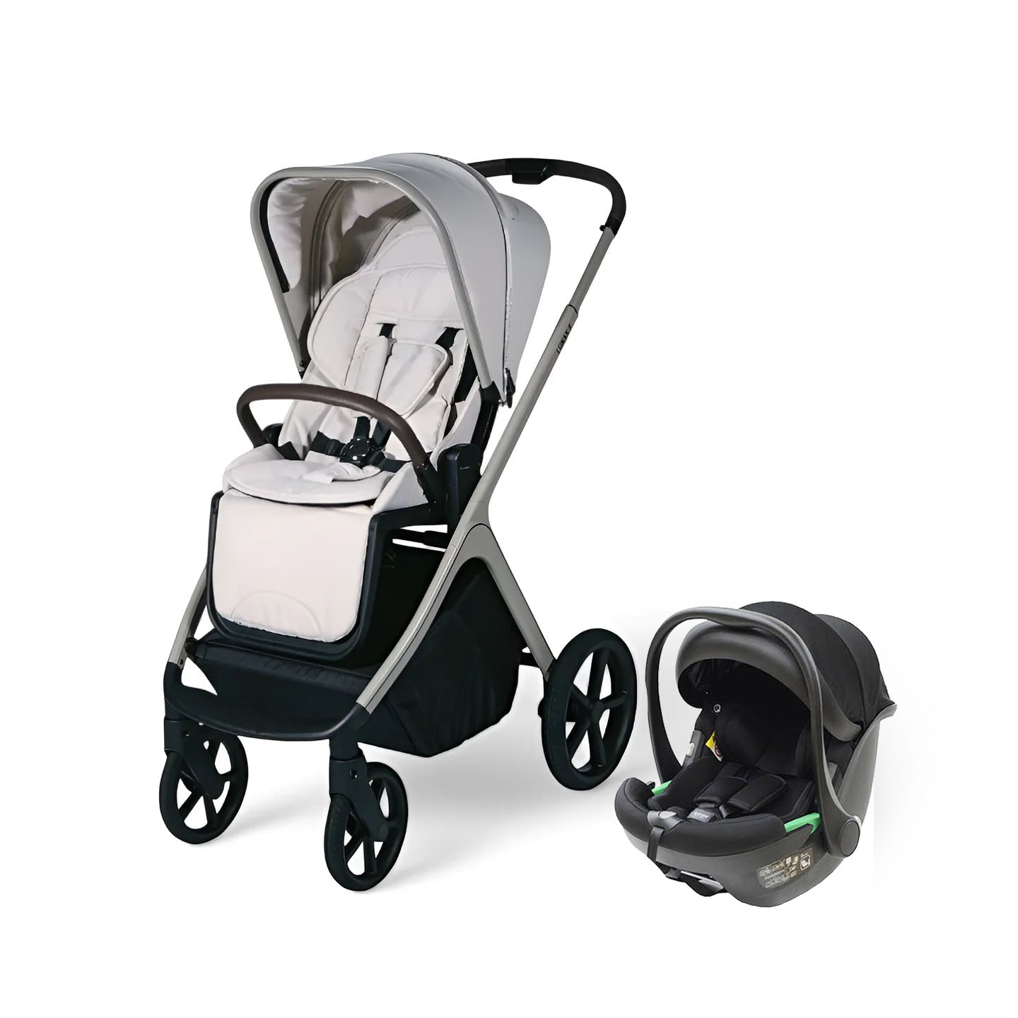 Lunar II Travel System - Beige stroller and car seat set.