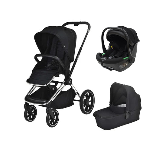 Maverick 3 in 1 Chrome & Black Travel System with stroller, car seat, and carry cot.