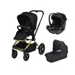 Maverick 3 in 1 Yellow Gold & Black Travel System with stroller, car seat, and carry cot.