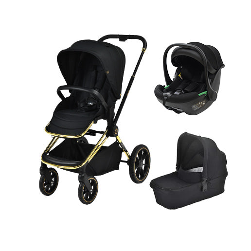 Maverick 3 in 1 Yellow Gold & Black Travel System with stroller, car seat, and carry cot.