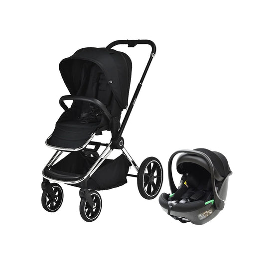 Maverick 2 in 1 Chrome & Black Travel System with stroller and car seat, luxury design for newborns up to 22 kg.