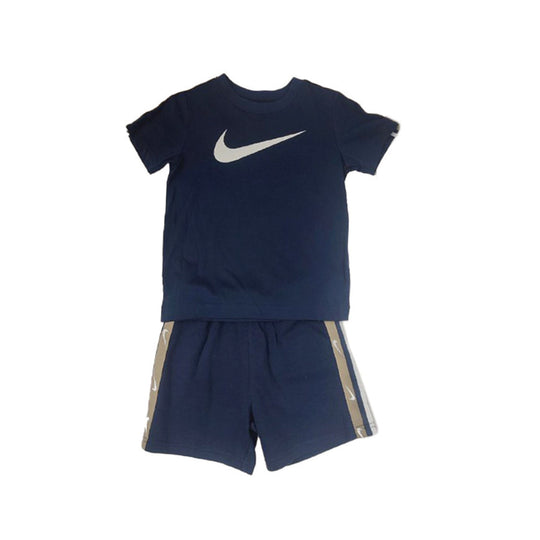 Nike Kids Club poly FT short set in midnight navy, featuring a T-shirt with a ribbed crew neck and elastic waist shorts.