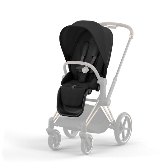 PRIAM Gen 4 Seat Pack in Sepia Black on stroller frame, showcasing customizable, interchangeable design with padded seat and large sun canopy.