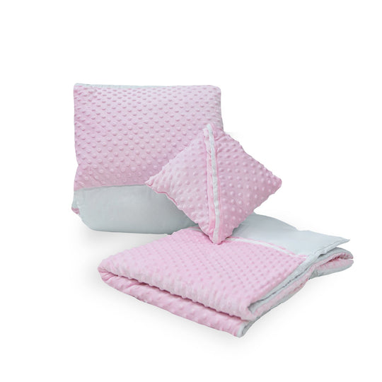 Pink and white Selina cot bedding set with quilt, bumper, and pillow.